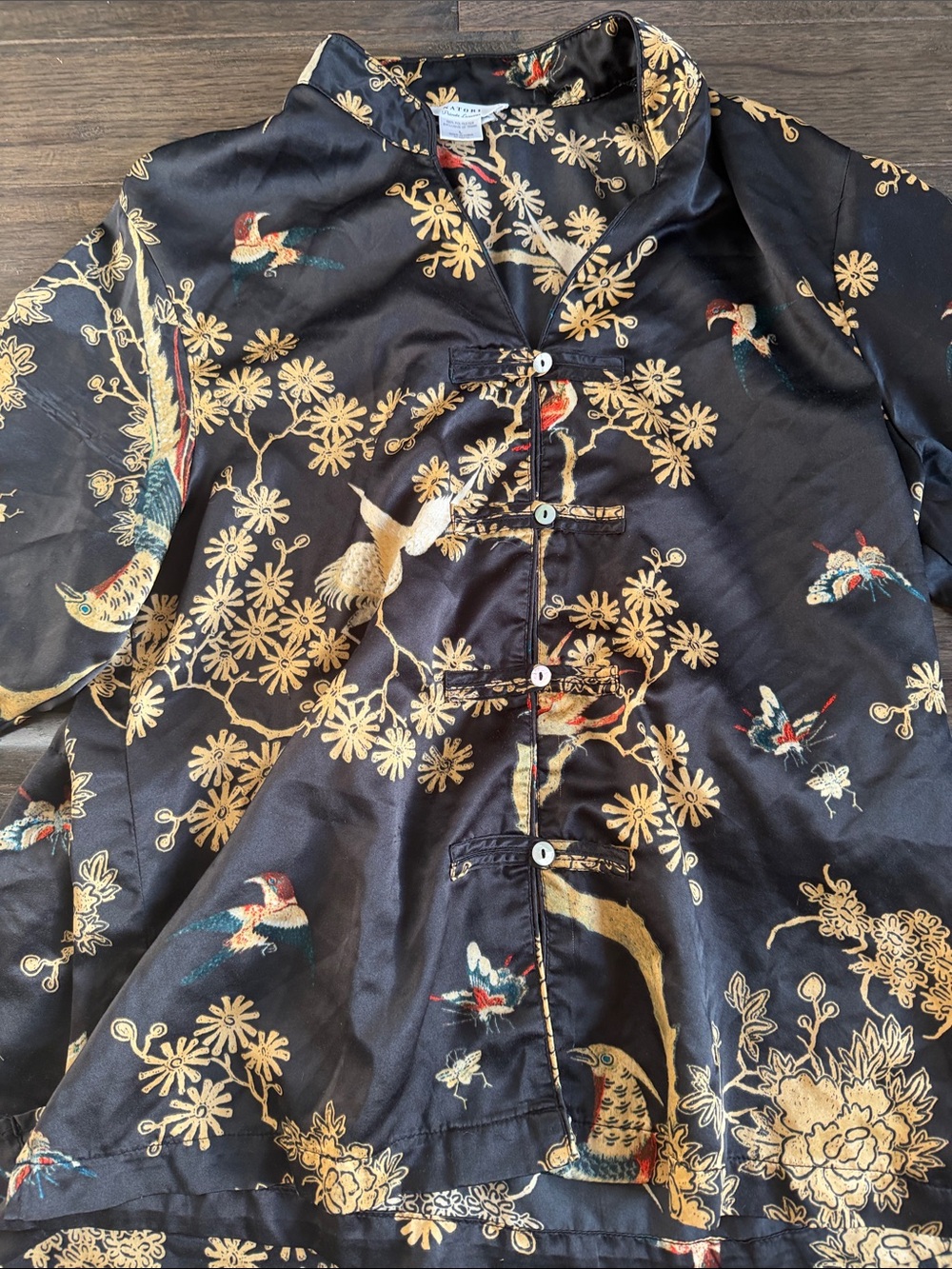 Natori Black Pajama Pants with Gold Floral & Bird Print - Picture 5 of 6